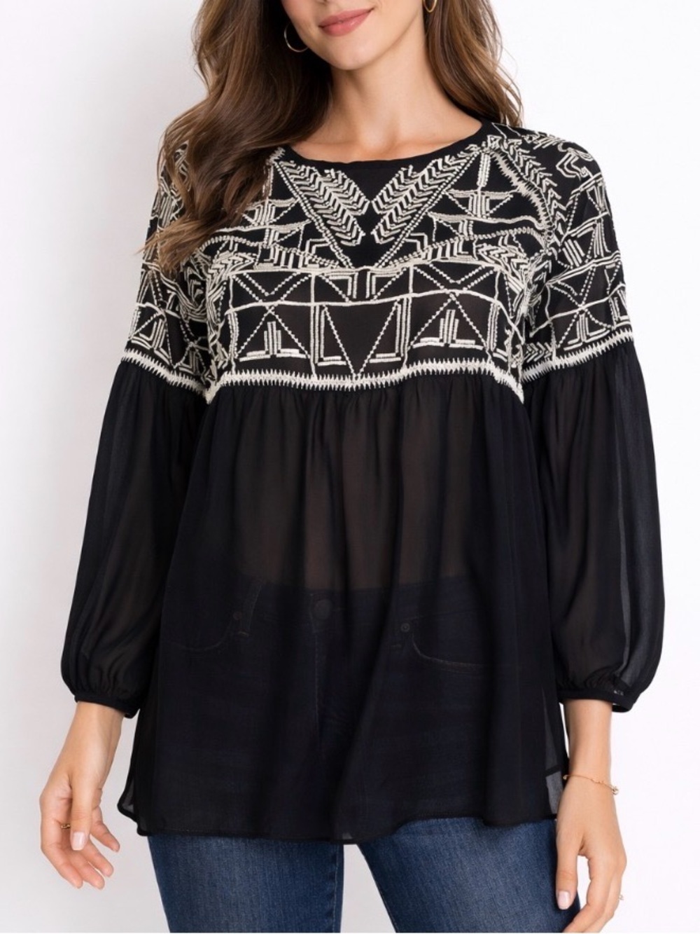 Sundance black long sleeve embroidered silk top - Size SM